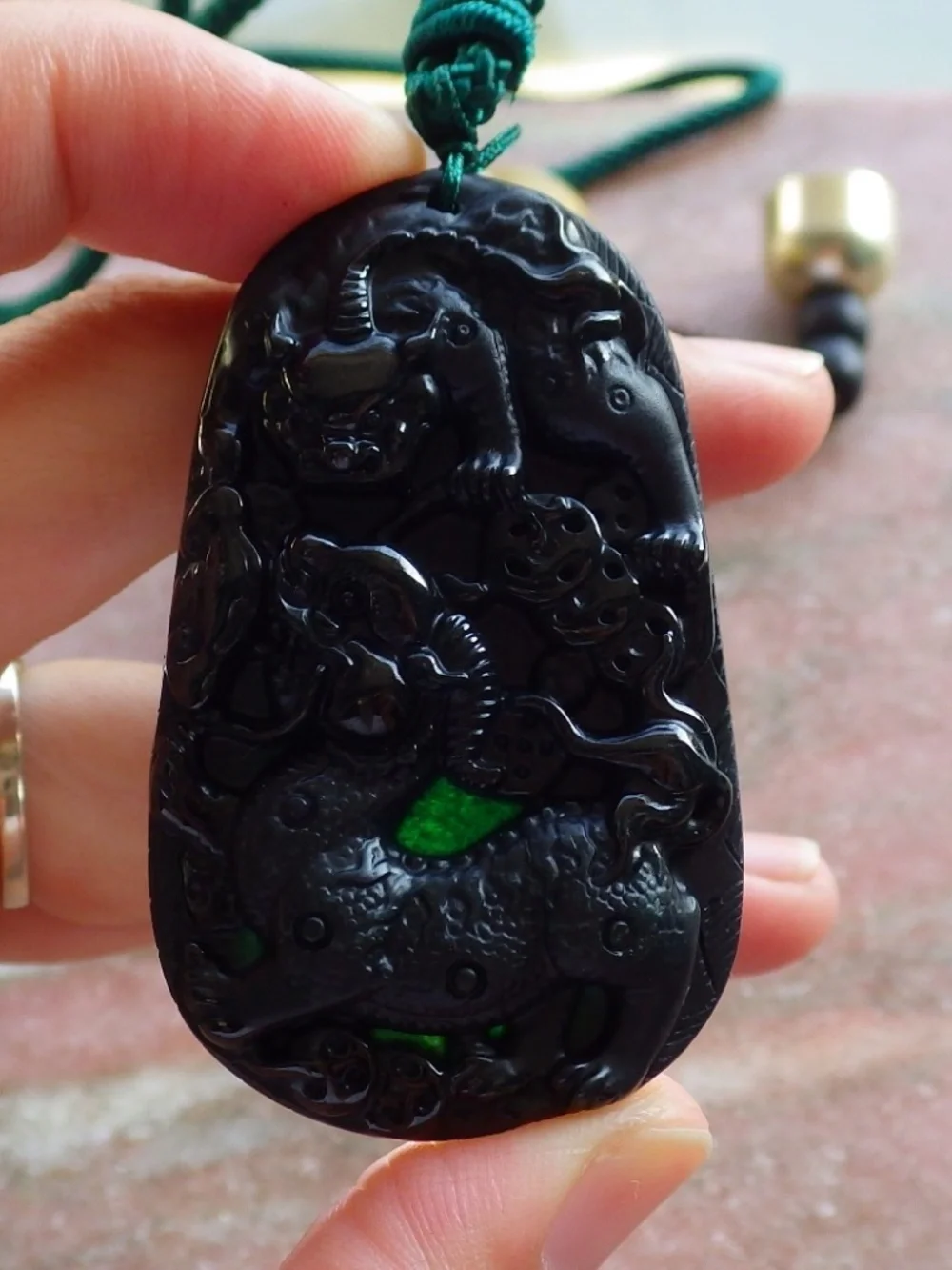 Certified Dark Green Black Burma A Jade Jadeite Dragon Beads Pendant Necklace